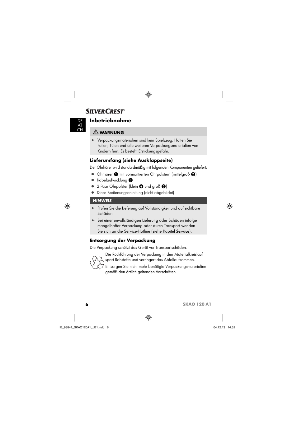 Inbetriebnahme, Lieferumfang (siehe ausklappseite), Entsorgung der verpackung | Silvercrest SKAO 120 A1 User Manual | Page 9 / 59