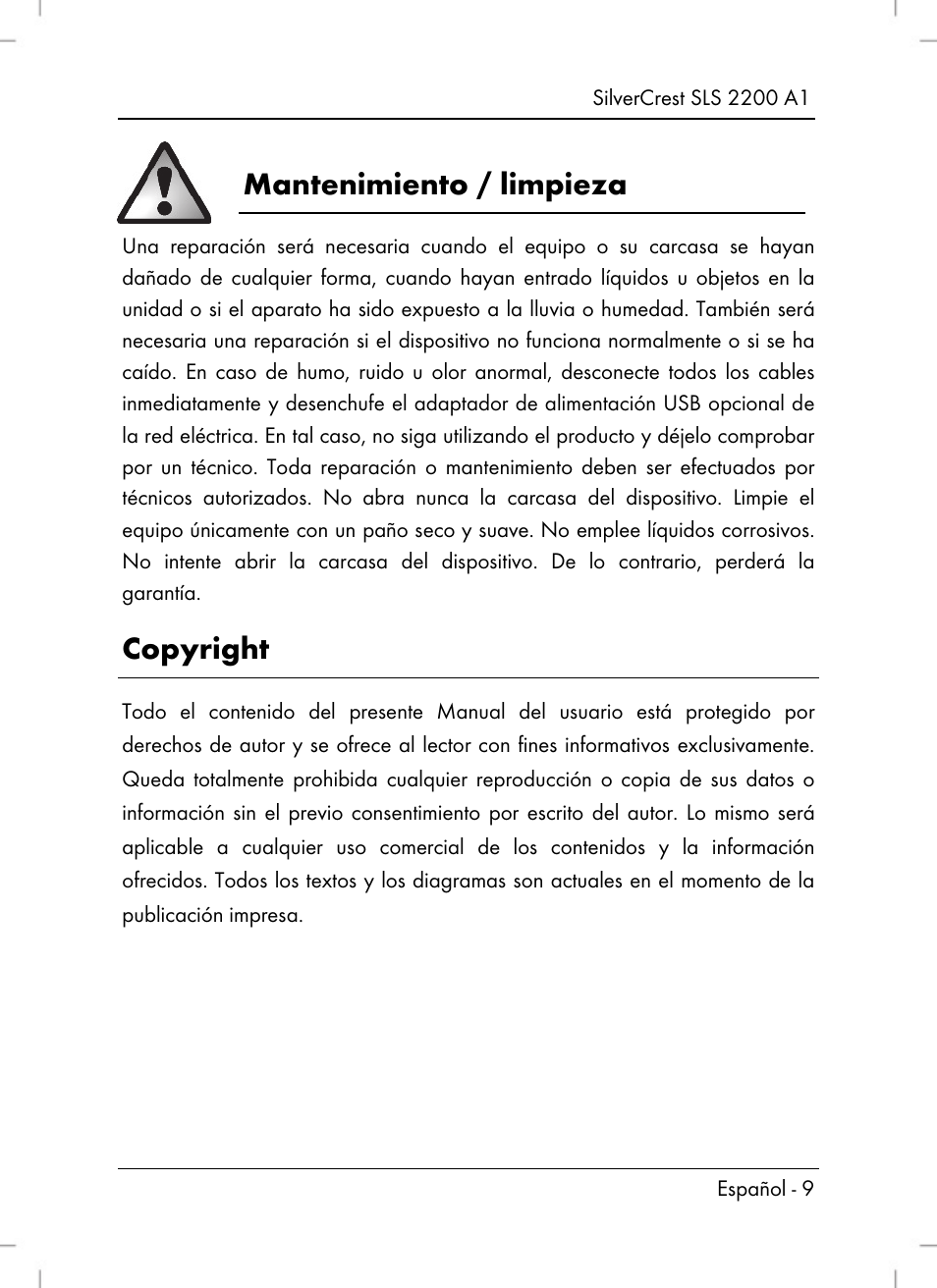 Mantenimiento / limpieza, Copyright | Silvercrest SLS 2200 A1 User Manual | Page 11 / 72