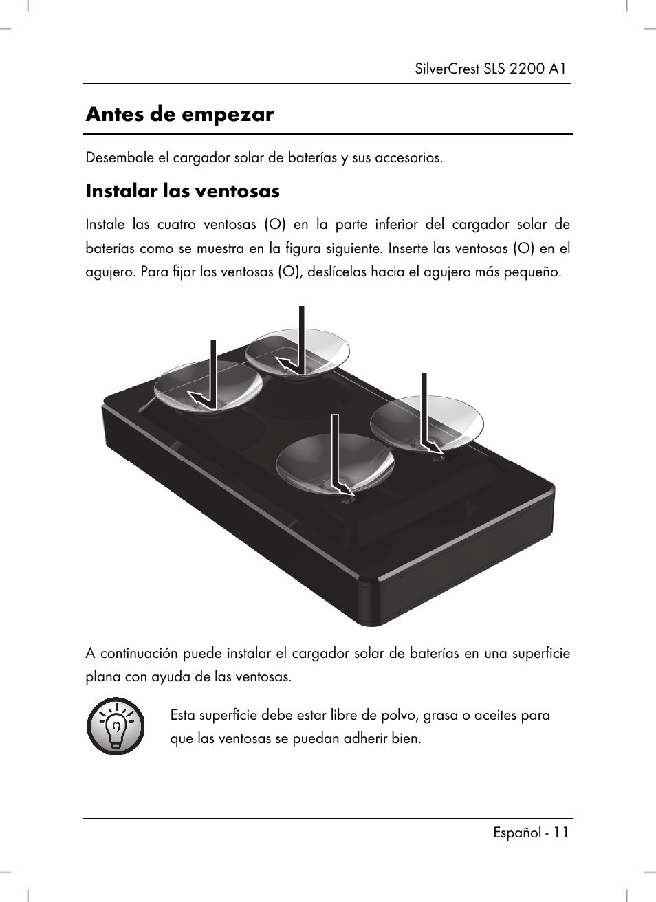 Antes de empezar, Instalar las ventosas | Silvercrest SLS 2200 A1 User Manual | Page 13 / 72