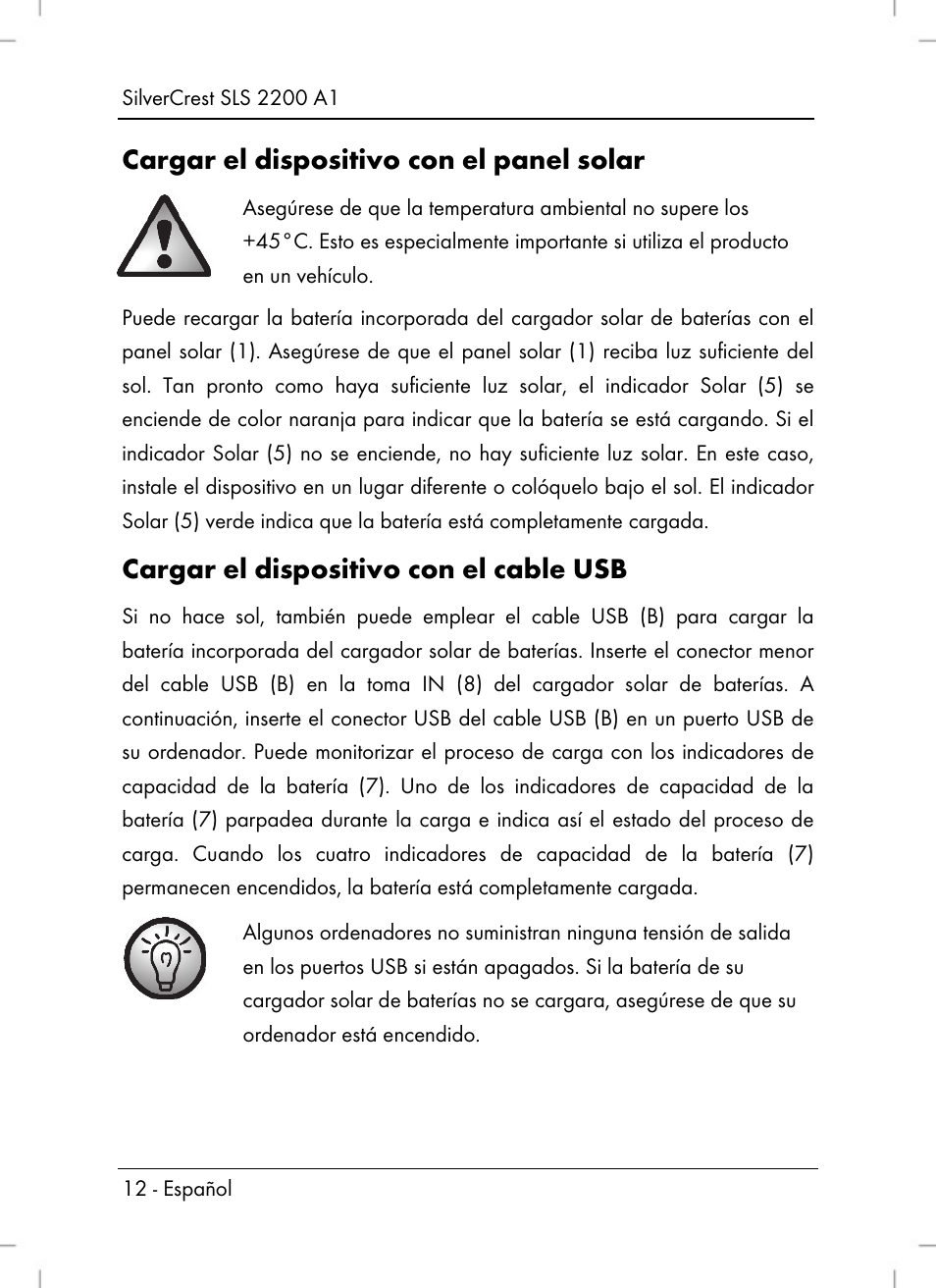 Cargar el dispositivo con el panel solar, Cargar el dispositivo con el cable usb | Silvercrest SLS 2200 A1 User Manual | Page 14 / 72