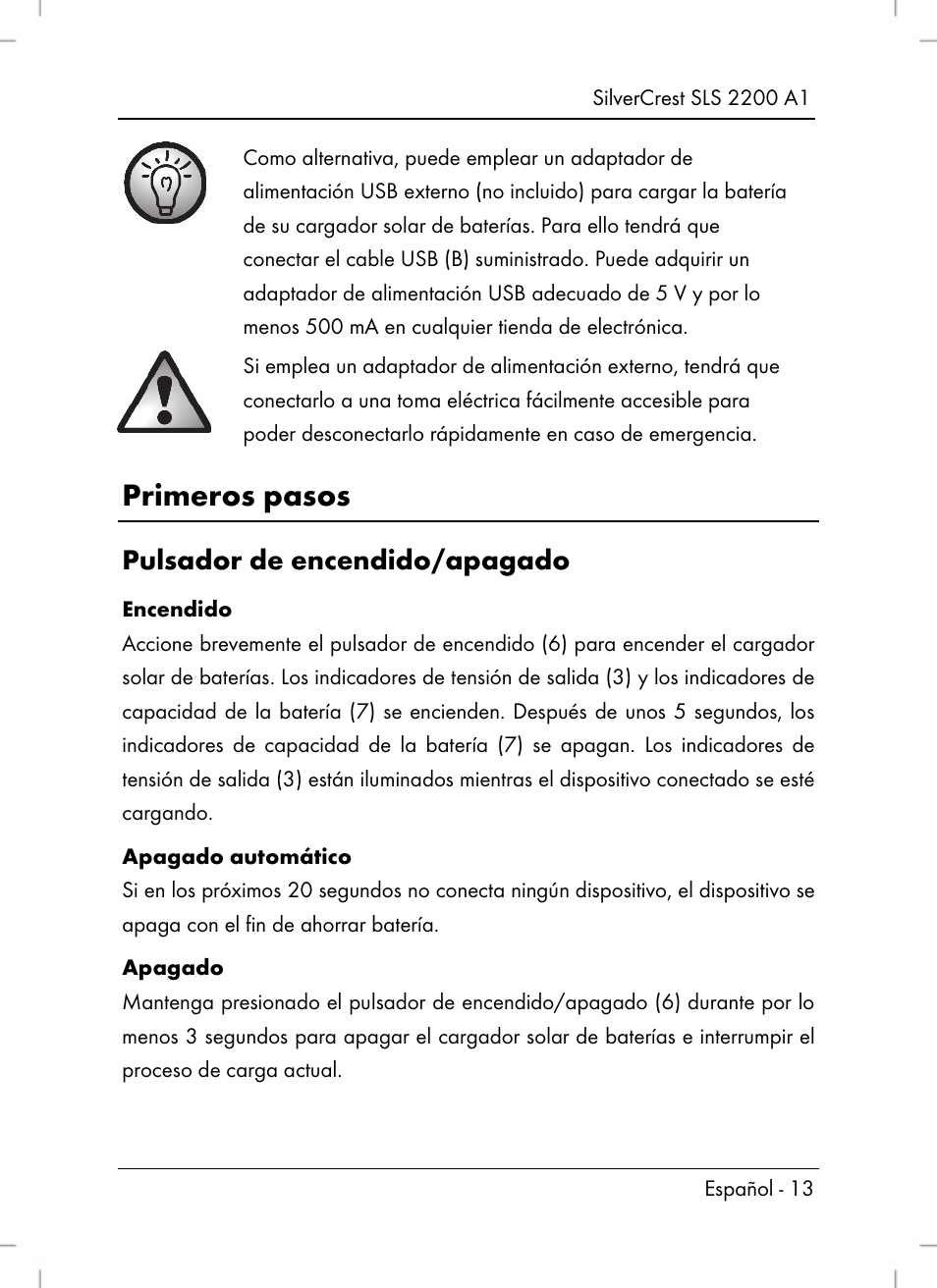 Primeros pasos, Pulsador de encendido/apagado | Silvercrest SLS 2200 A1 User Manual | Page 15 / 72