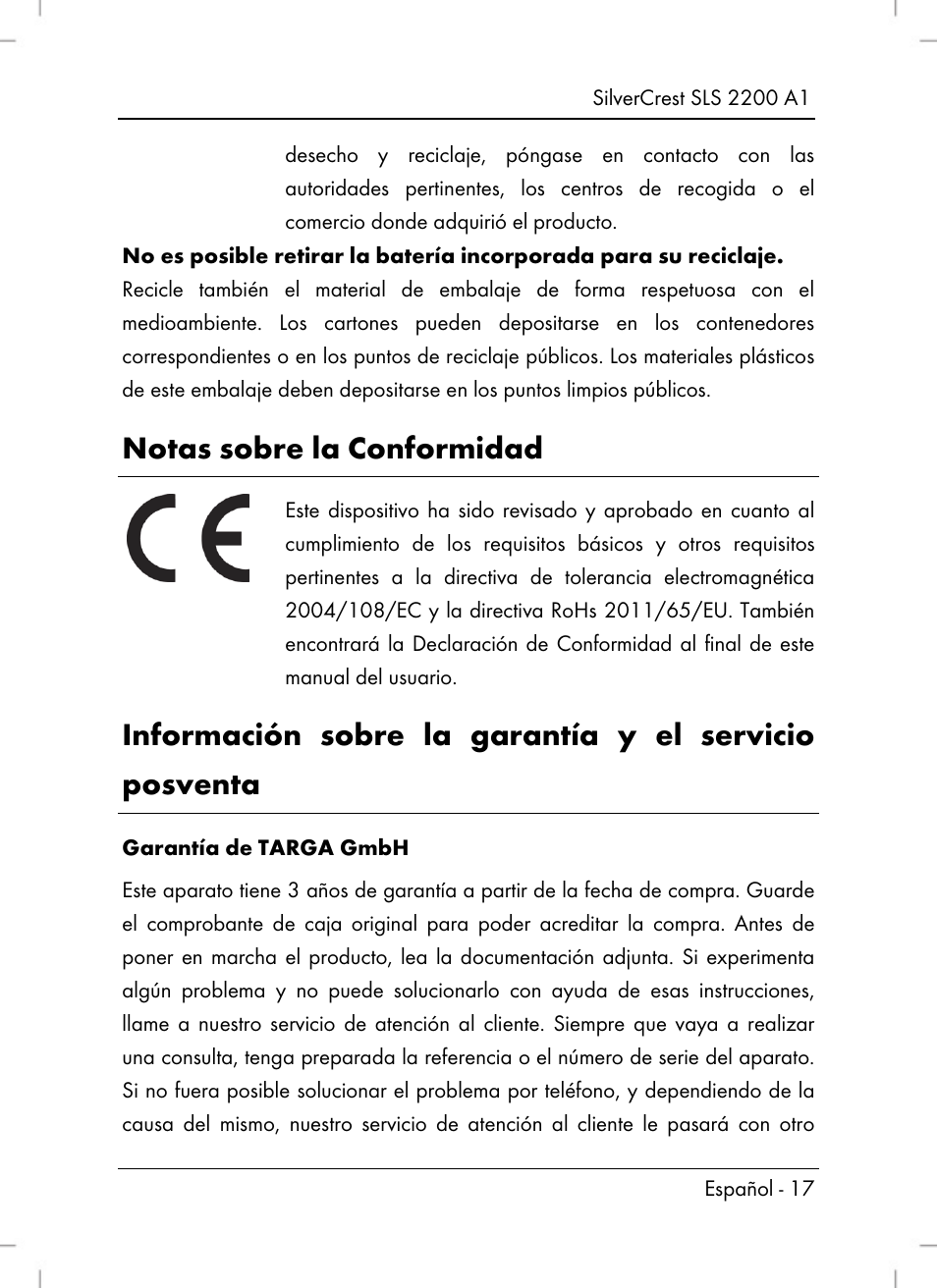 Notas sobre la conformidad | Silvercrest SLS 2200 A1 User Manual | Page 19 / 72