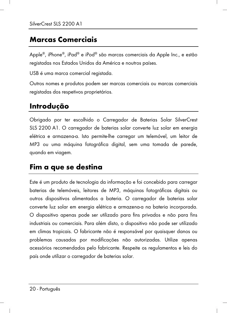 Marcas comerciais, Introdução, Fim a que se destina | Silvercrest SLS 2200 A1 User Manual | Page 22 / 72