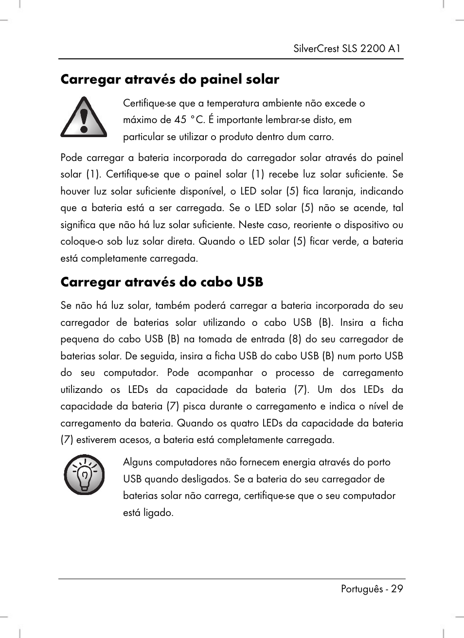 Carregar através do painel solar, Carregar através do cabo usb | Silvercrest SLS 2200 A1 User Manual | Page 31 / 72