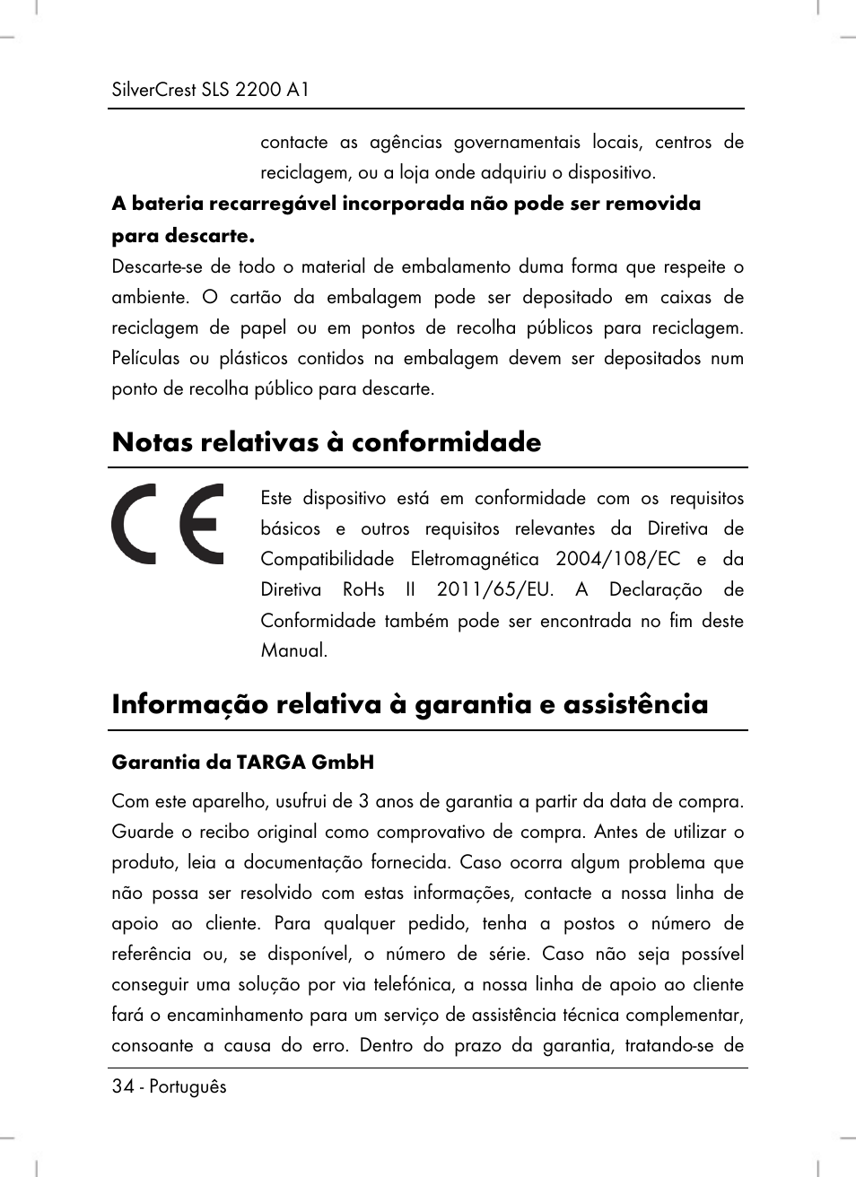 Notas relativas à conformidade, Informação relativa à garantia e assistência | Silvercrest SLS 2200 A1 User Manual | Page 36 / 72