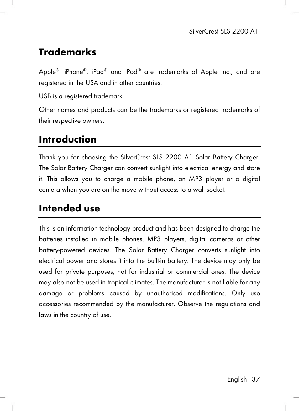 Trademarks, Introduction, Intended use | Silvercrest SLS 2200 A1 User Manual | Page 39 / 72