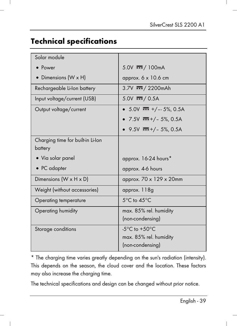 Technical specifications | Silvercrest SLS 2200 A1 User Manual | Page 41 / 72