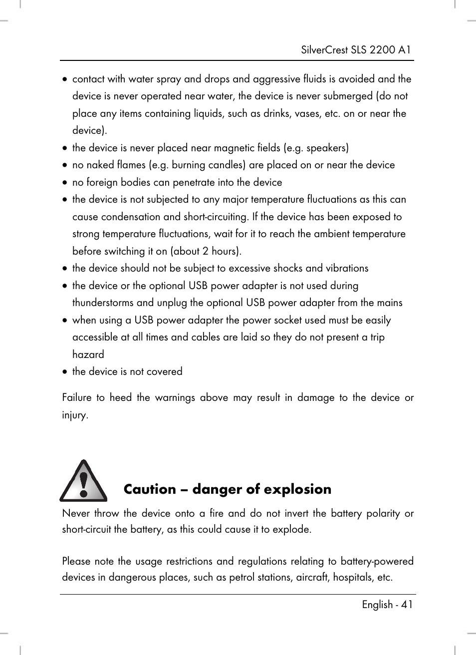 Caution – danger of explosion | Silvercrest SLS 2200 A1 User Manual | Page 43 / 72