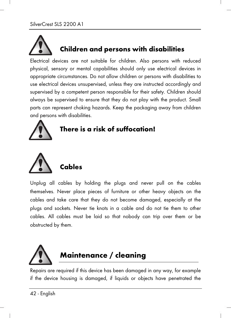 Maintenance / cleaning, Children and persons with disabilities, There is a risk of suffocation | Cables | Silvercrest SLS 2200 A1 User Manual | Page 44 / 72
