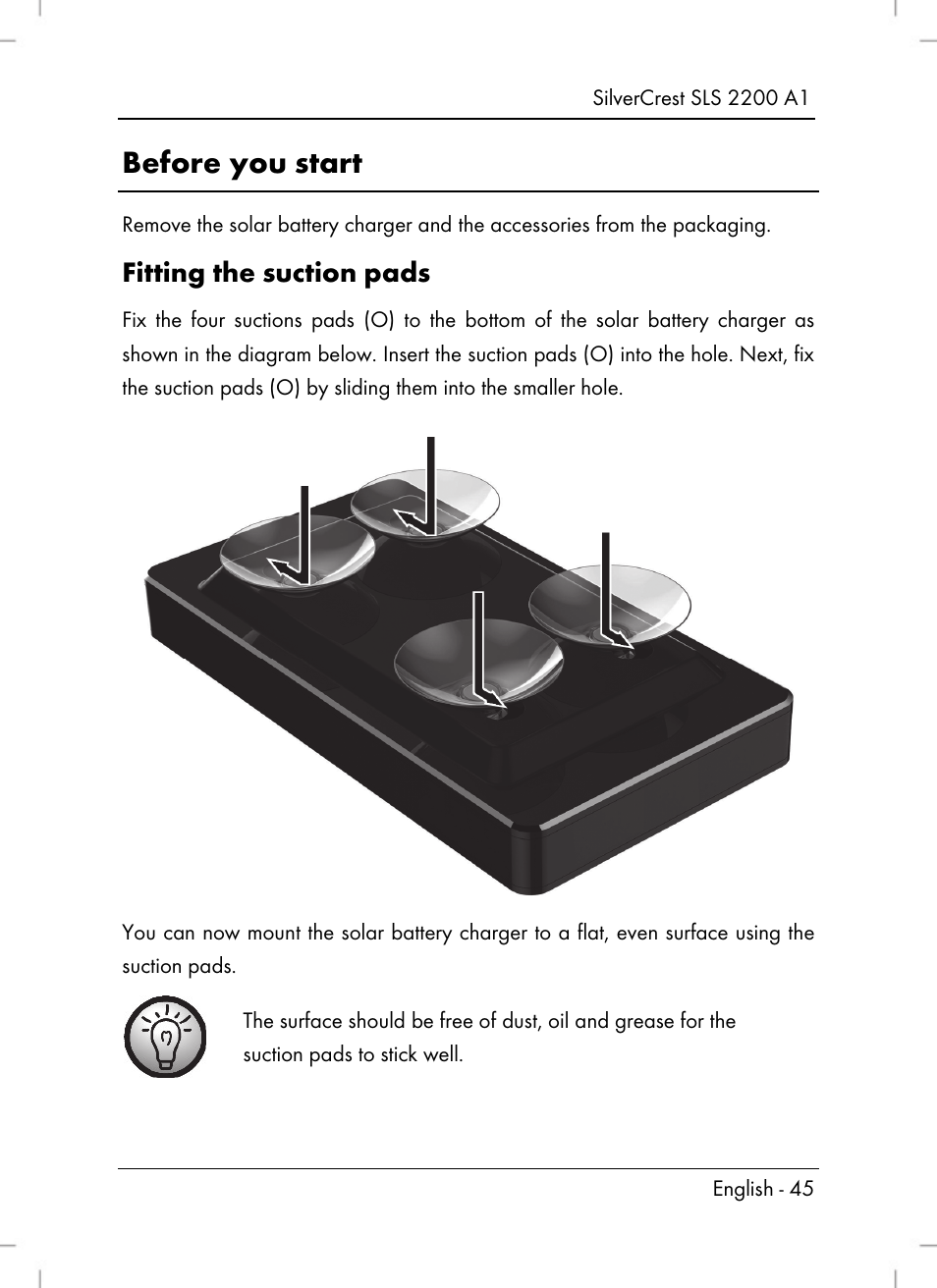 Before you start, Fitting the suction pads | Silvercrest SLS 2200 A1 User Manual | Page 47 / 72