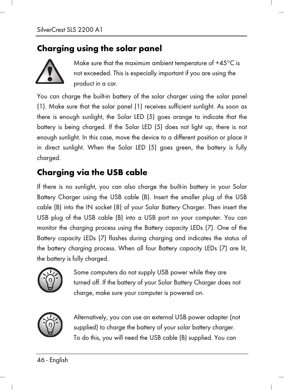 Charging using the solar panel, Charging via the usb cable | Silvercrest SLS 2200 A1 User Manual | Page 48 / 72