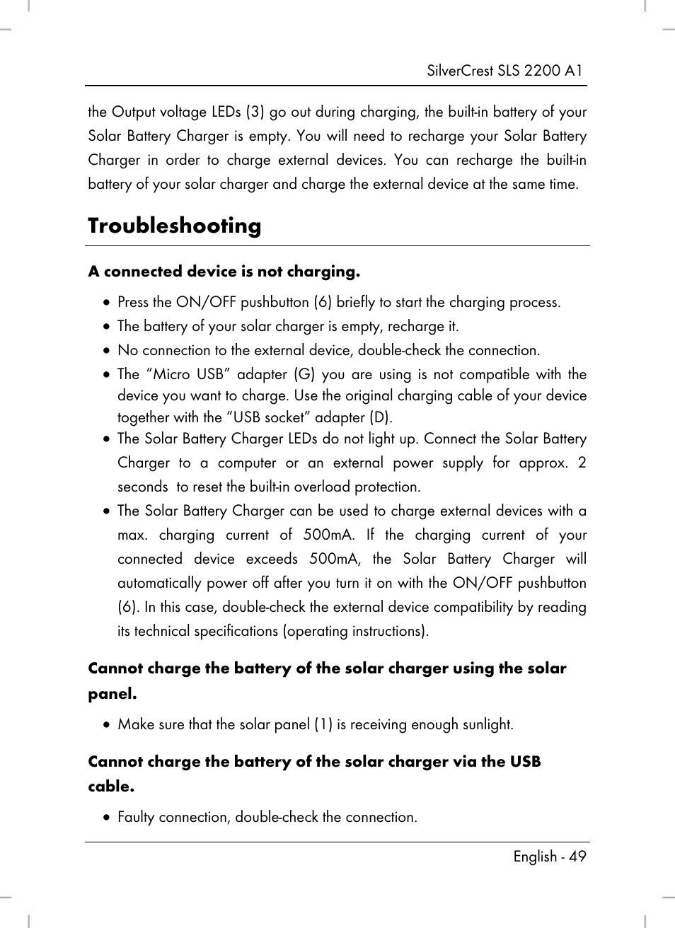 Troubleshooting | Silvercrest SLS 2200 A1 User Manual | Page 51 / 72