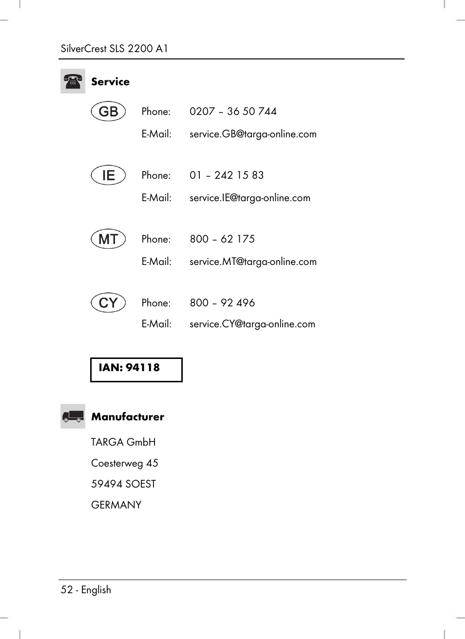 Silvercrest SLS 2200 A1 User Manual | Page 54 / 72