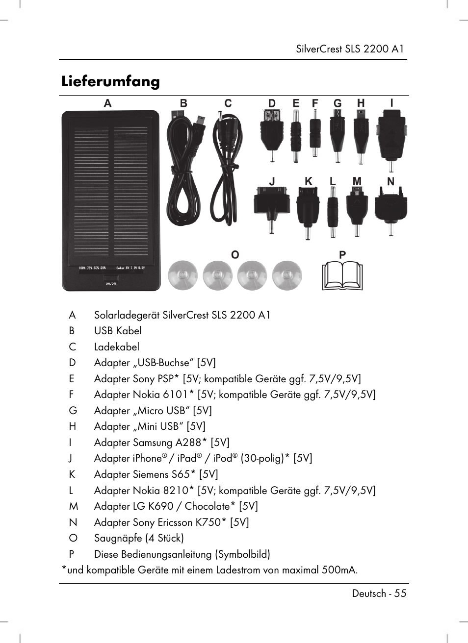 Lieferumfang | Silvercrest SLS 2200 A1 User Manual | Page 57 / 72