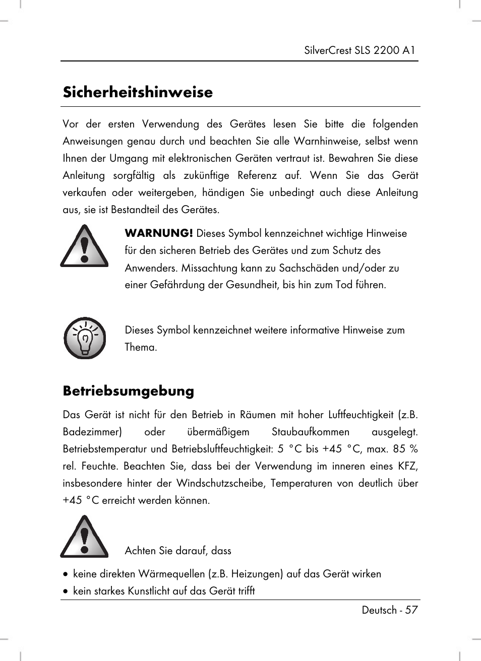 Sicherheitshinweise, Betriebsumgebung | Silvercrest SLS 2200 A1 User Manual | Page 59 / 72