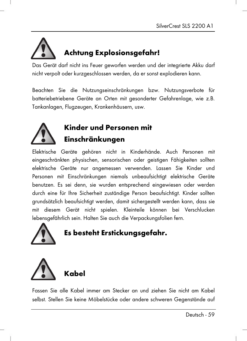 Achtung explosionsgefahr, Kinder und personen mit einschränkungen, Es besteht erstickungsgefahr | Kabel | Silvercrest SLS 2200 A1 User Manual | Page 61 / 72