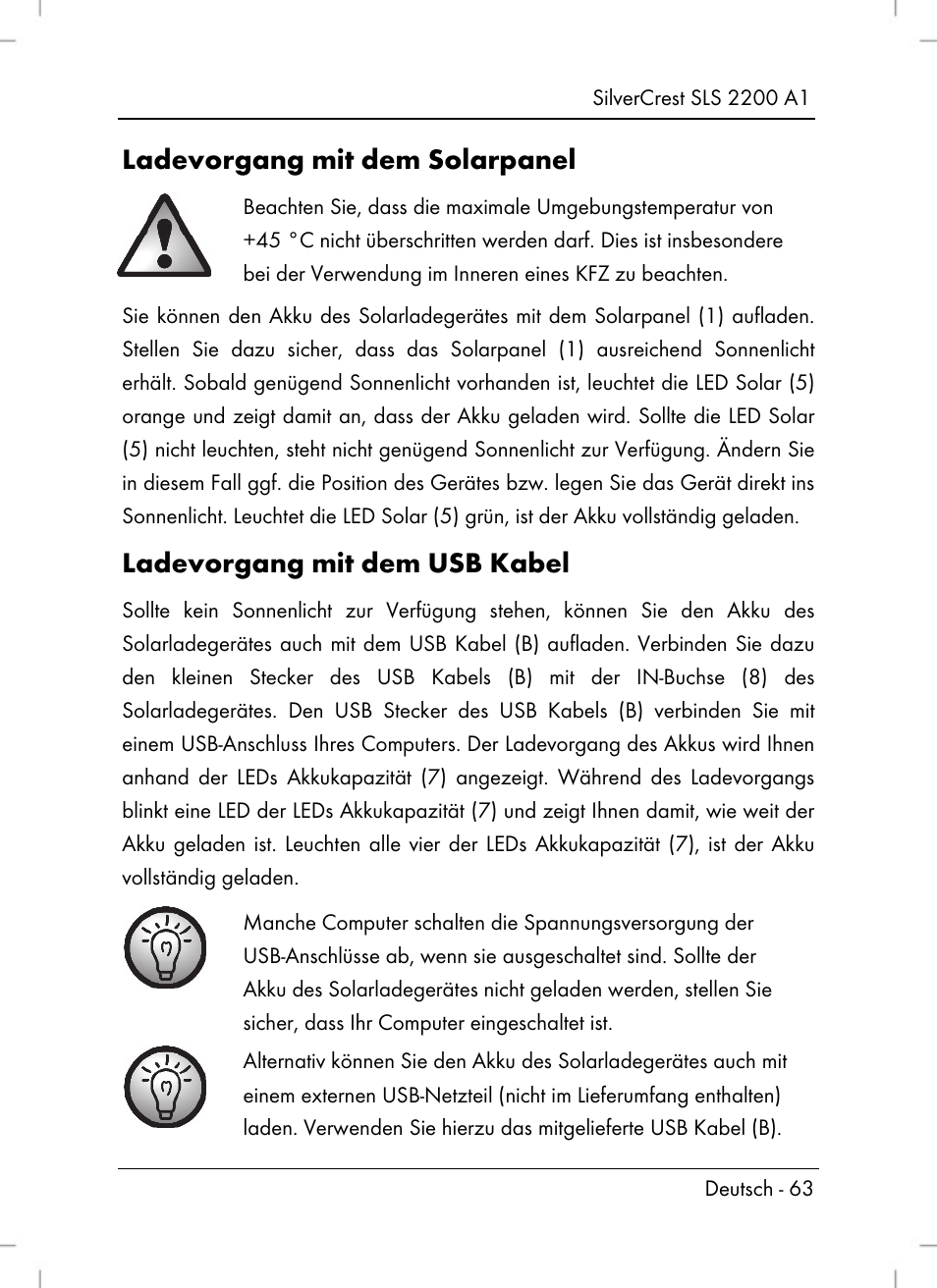 Ladevorgang mit dem solarpanel, Ladevorgang mit dem usb kabel | Silvercrest SLS 2200 A1 User Manual | Page 65 / 72