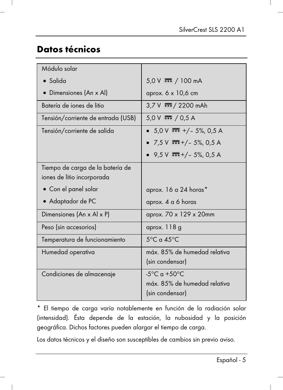 Datos técnicos | Silvercrest SLS 2200 A1 User Manual | Page 7 / 72