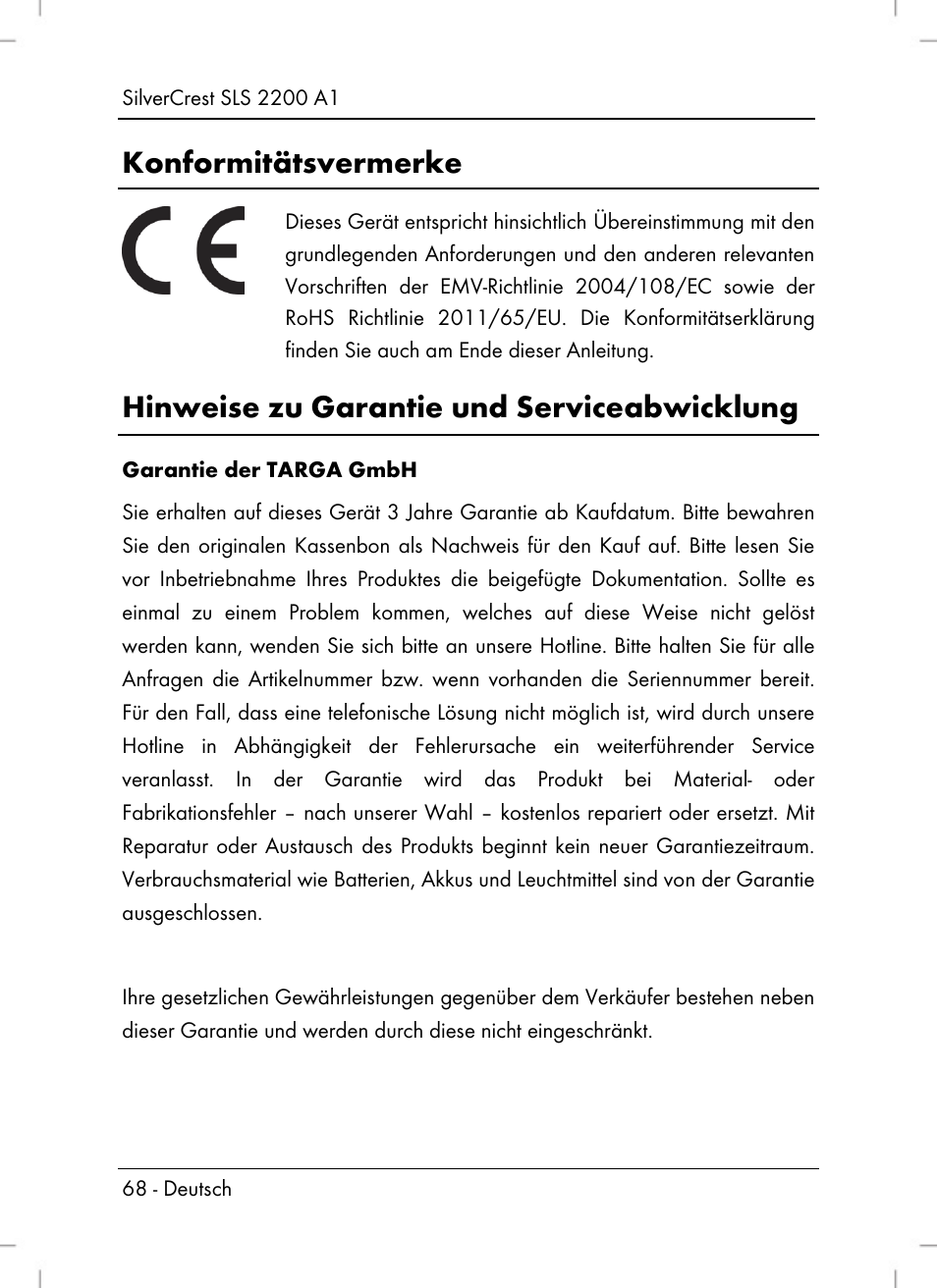 Konformitätsvermerke, Hinweise zu garantie und serviceabwicklung | Silvercrest SLS 2200 A1 User Manual | Page 70 / 72