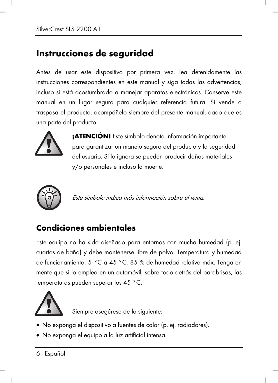 Instrucciones de seguridad, Condiciones ambientales | Silvercrest SLS 2200 A1 User Manual | Page 8 / 72