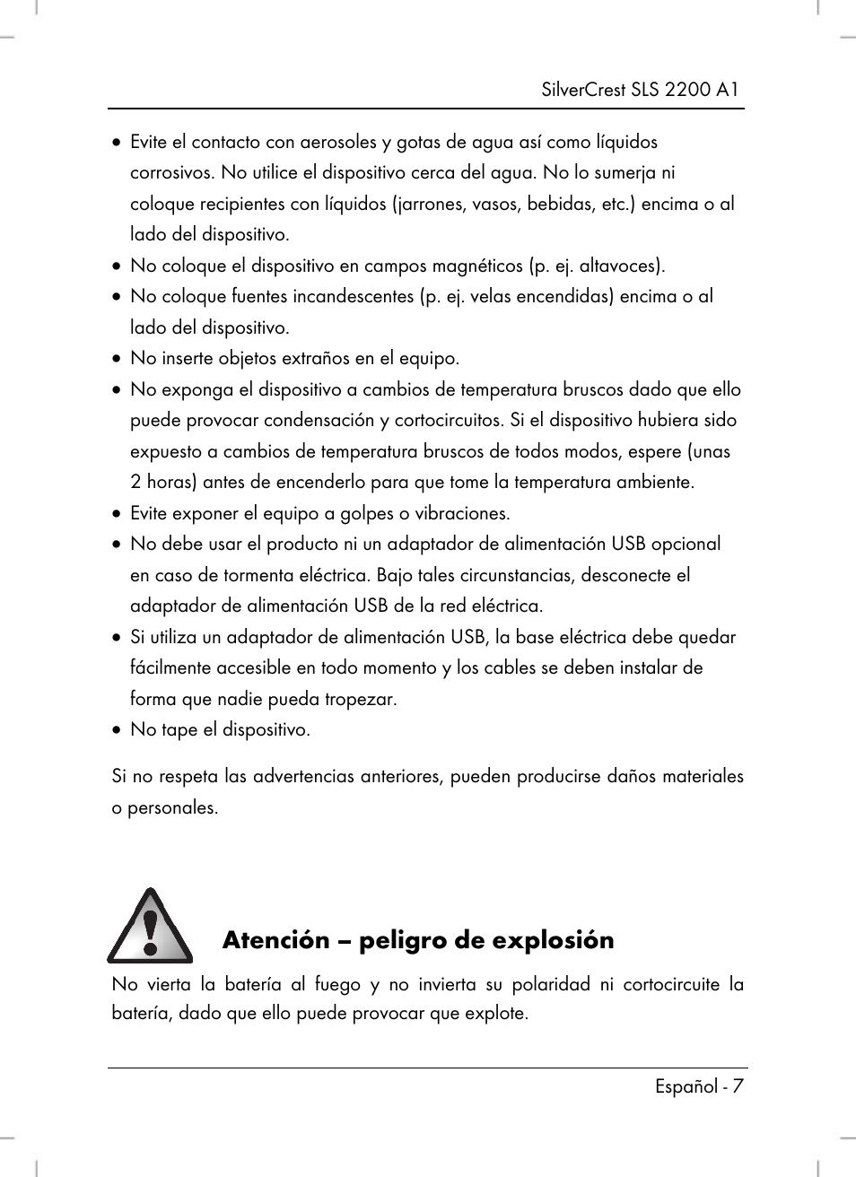 Atención – peligro de explosión | Silvercrest SLS 2200 A1 User Manual | Page 9 / 72