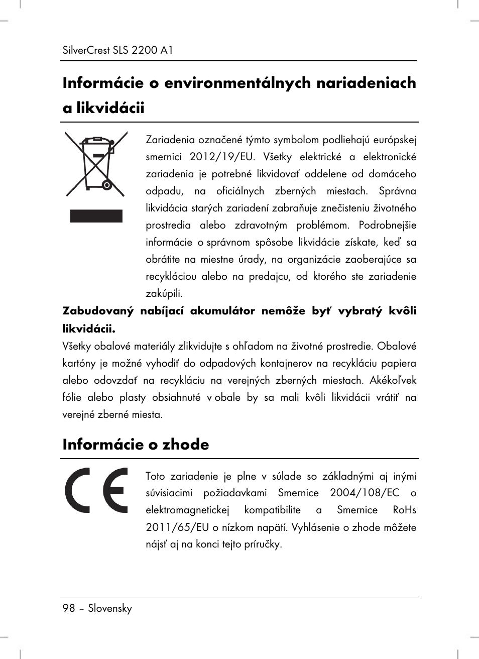 Informácie o zhode | Silvercrest SLS 2200 A1 User Manual | Page 100 / 120