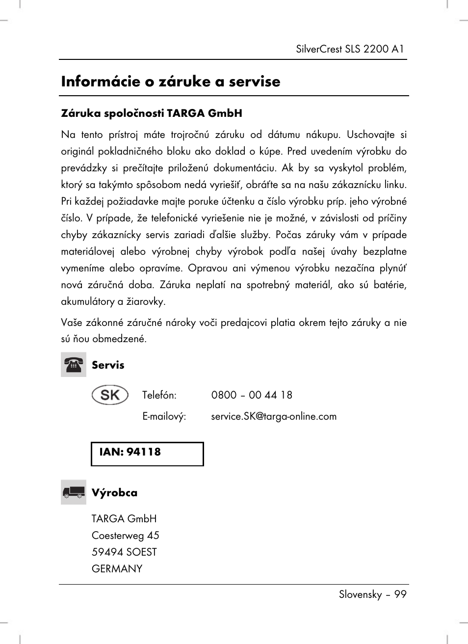 Informácie o záruke a servise | Silvercrest SLS 2200 A1 User Manual | Page 101 / 120