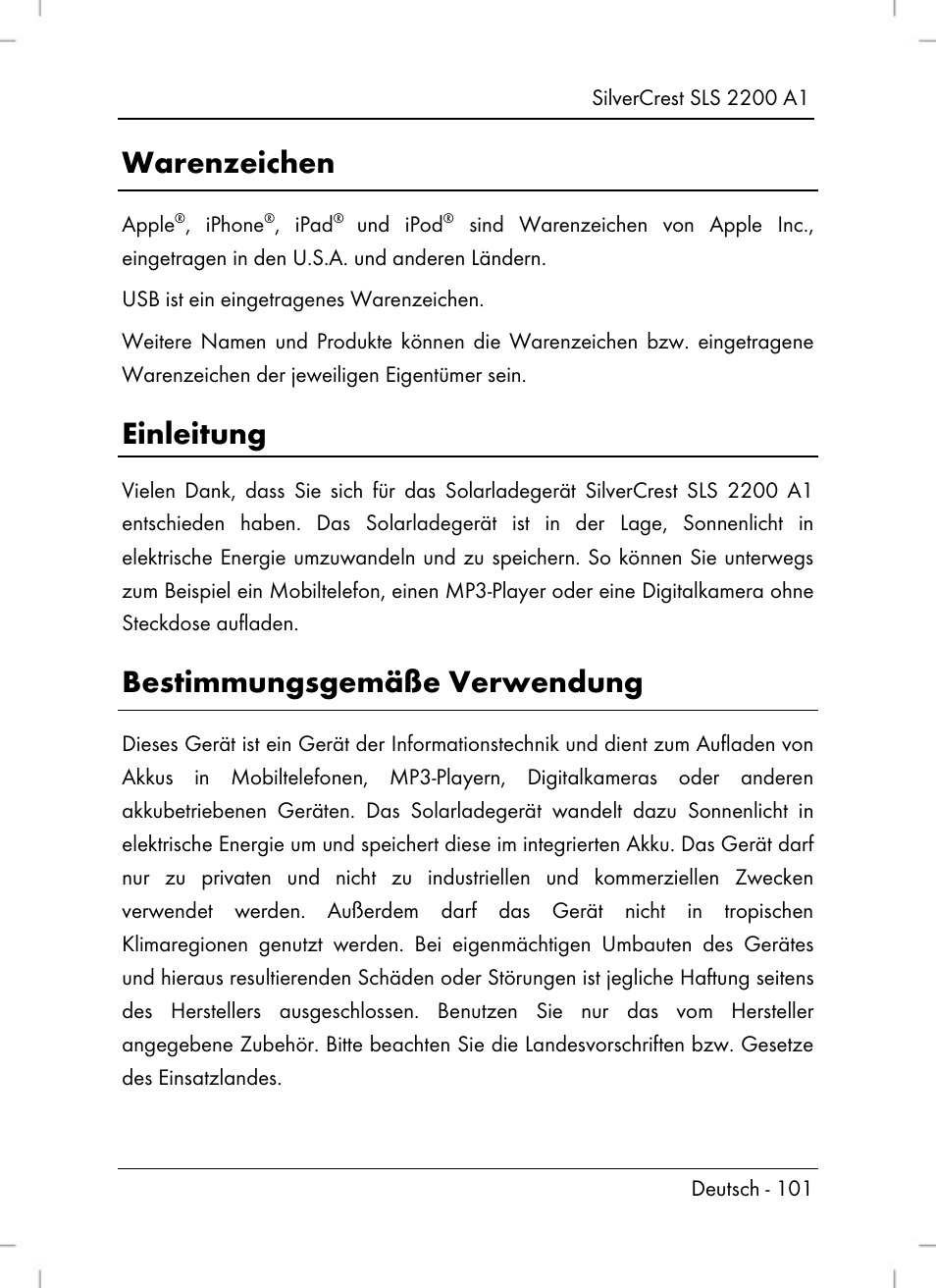 Warenzeichen, Einleitung, Bestimmungsgemäße verwendung | Silvercrest SLS 2200 A1 User Manual | Page 103 / 120