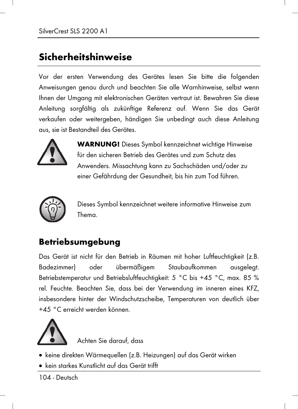 Sicherheitshinweise, Betriebsumgebung | Silvercrest SLS 2200 A1 User Manual | Page 106 / 120