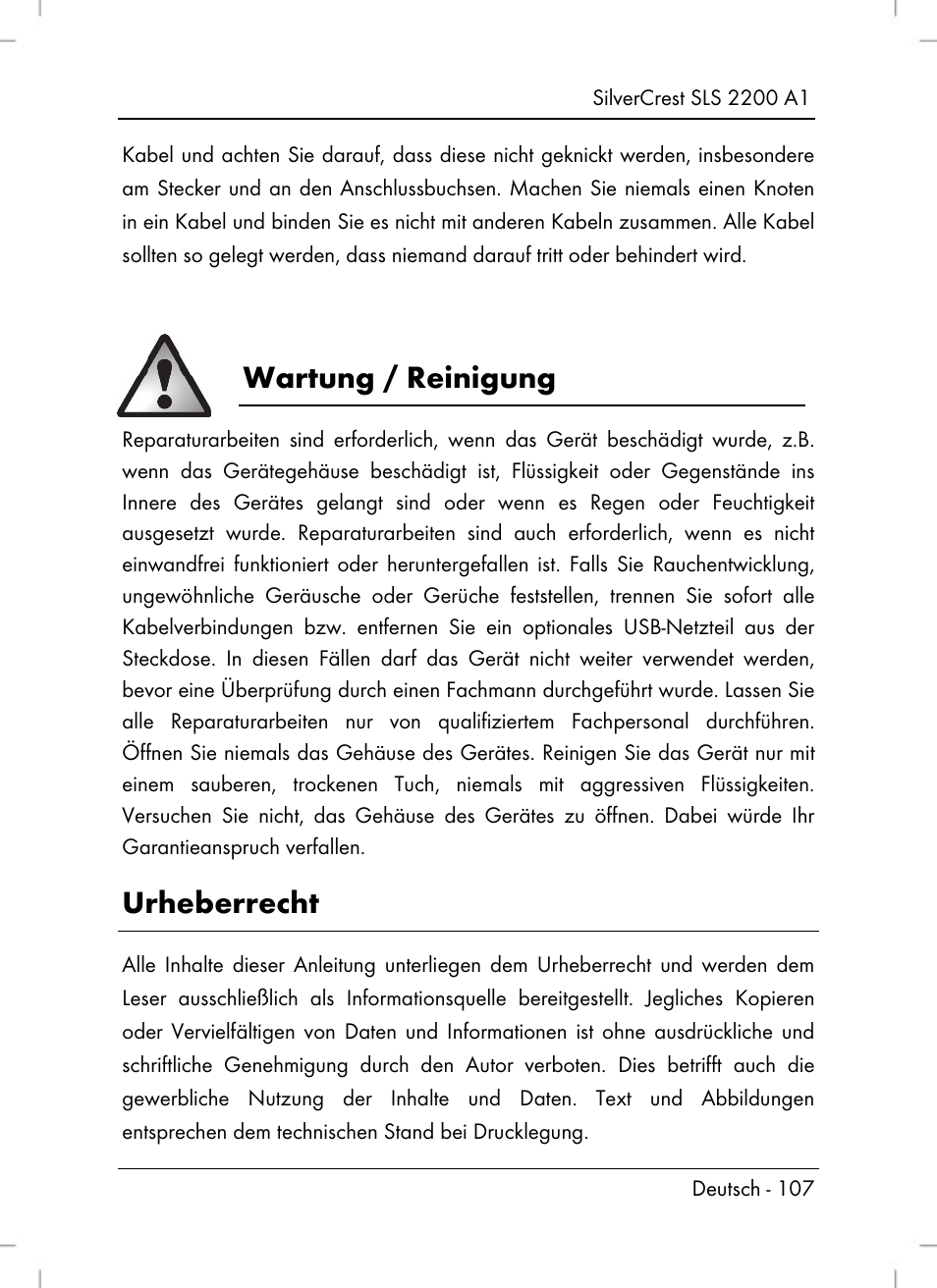 Wartung / reinigung, Urheberrecht | Silvercrest SLS 2200 A1 User Manual | Page 109 / 120