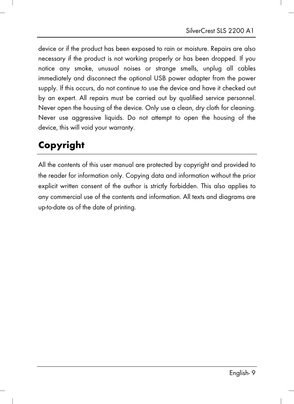 Copyright | Silvercrest SLS 2200 A1 User Manual | Page 11 / 120