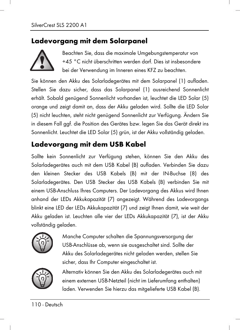 Ladevorgang mit dem solarpanel, Ladevorgang mit dem usb kabel | Silvercrest SLS 2200 A1 User Manual | Page 112 / 120