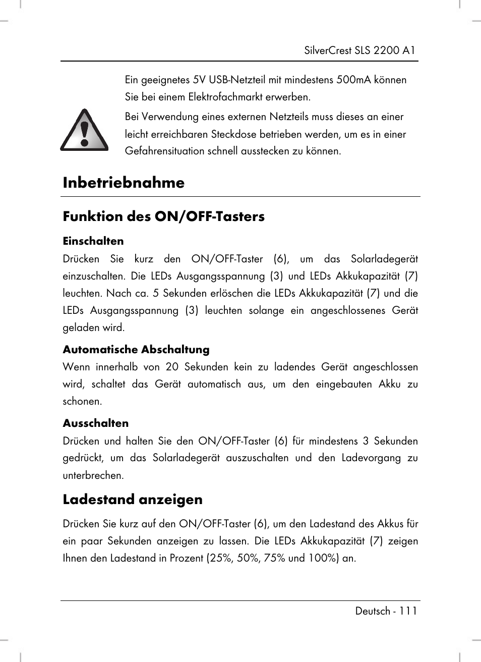 Inbetriebnahme, Funktion des on/off-tasters, Ladestand anzeigen | Silvercrest SLS 2200 A1 User Manual | Page 113 / 120