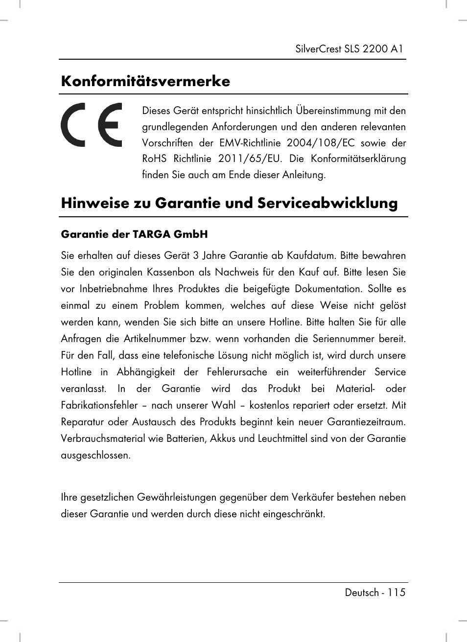 Konformitätsvermerke, Hinweise zu garantie und serviceabwicklung | Silvercrest SLS 2200 A1 User Manual | Page 117 / 120