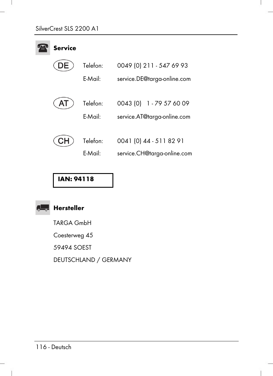 Silvercrest SLS 2200 A1 User Manual | Page 118 / 120
