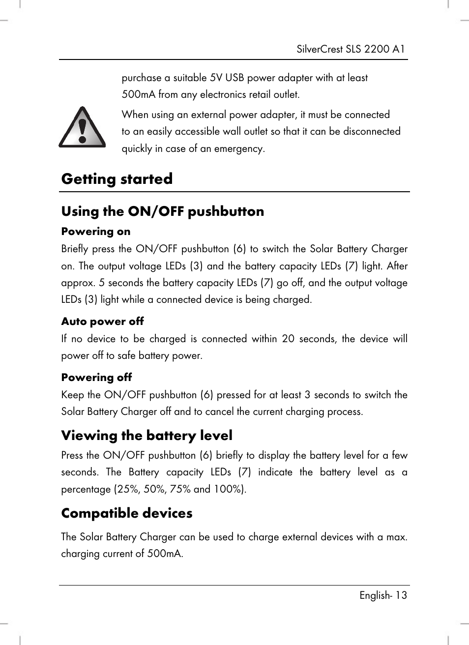 Getting started, Using the on/off pushbutton, Viewing the battery level | Compatible devices | Silvercrest SLS 2200 A1 User Manual | Page 15 / 120