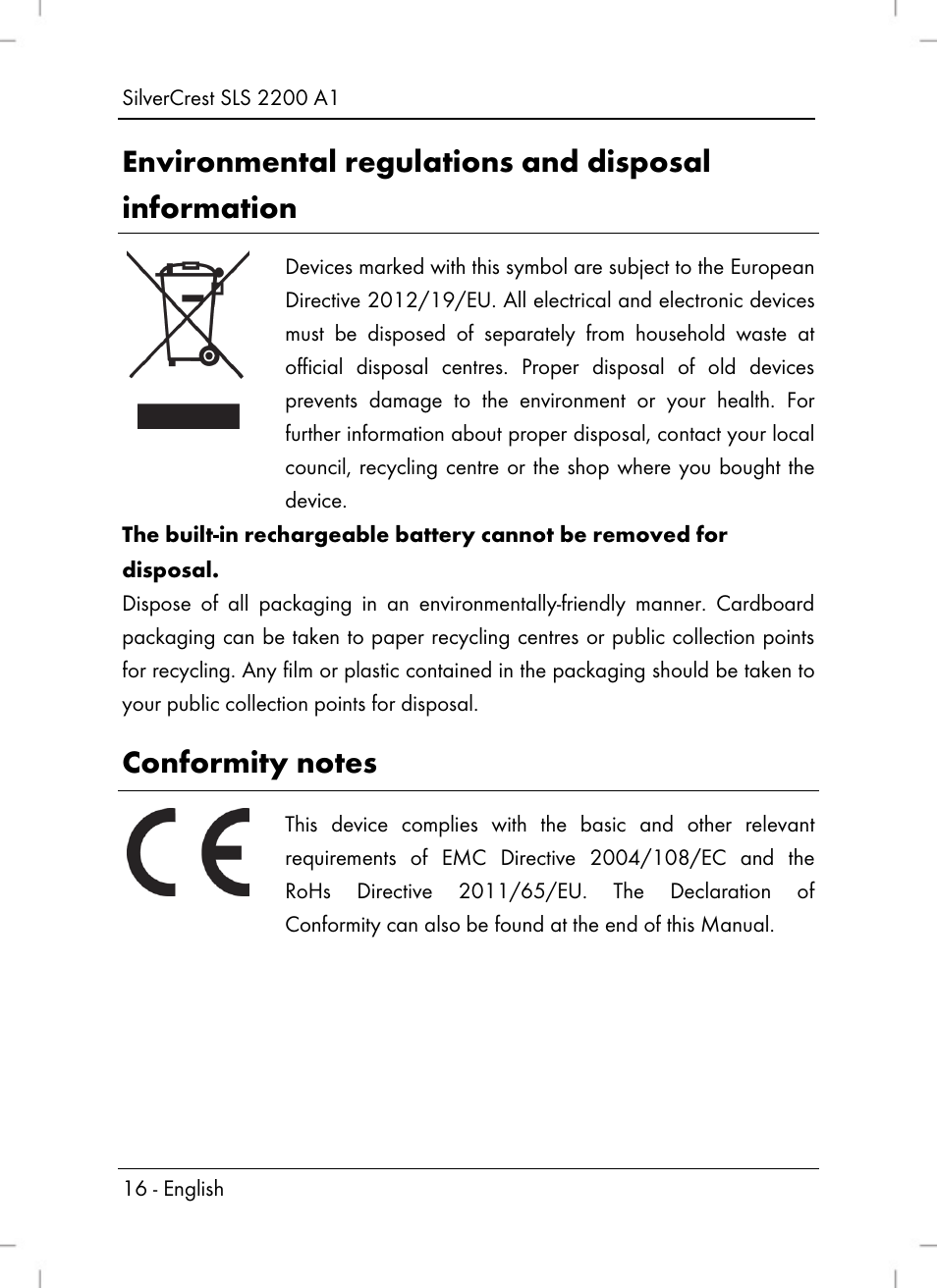 Environmental regulations and disposal information | Silvercrest SLS 2200 A1 User Manual | Page 18 / 120