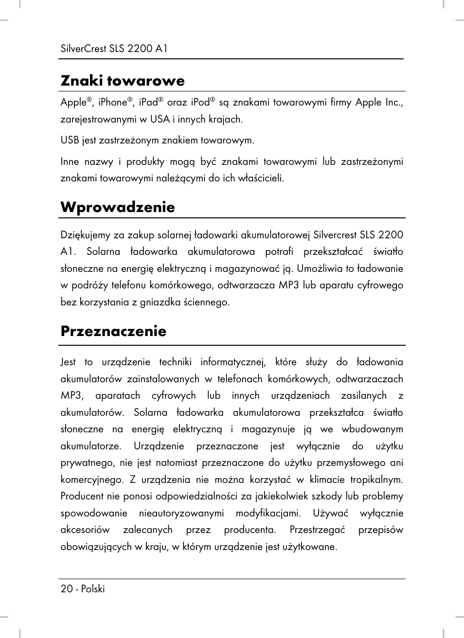 Znaki towarowe, Wprowadzenie, Przeznaczenie | Silvercrest SLS 2200 A1 User Manual | Page 22 / 120