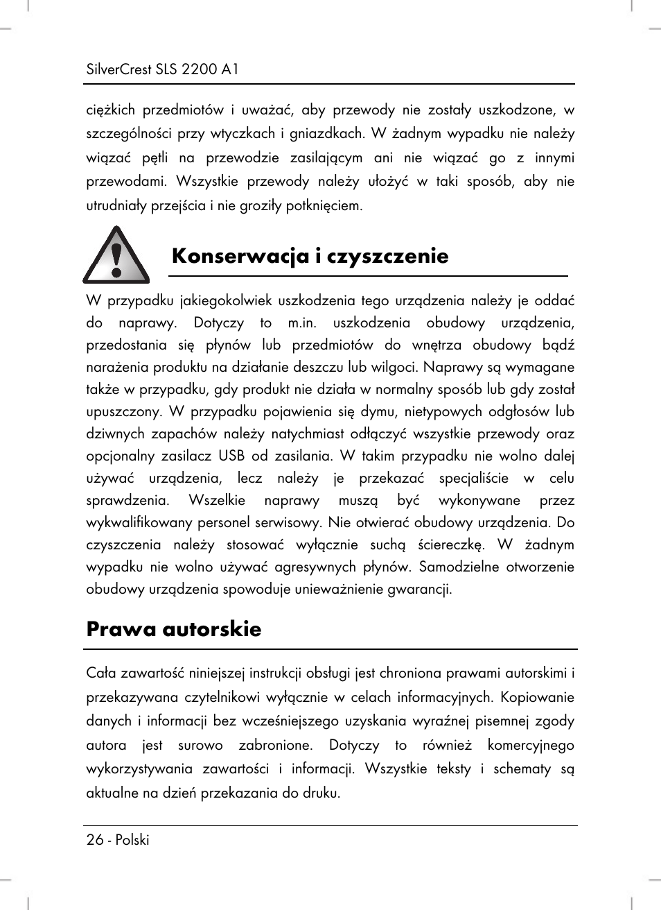 Konserwacja i czyszczenie, Prawa autorskie | Silvercrest SLS 2200 A1 User Manual | Page 28 / 120