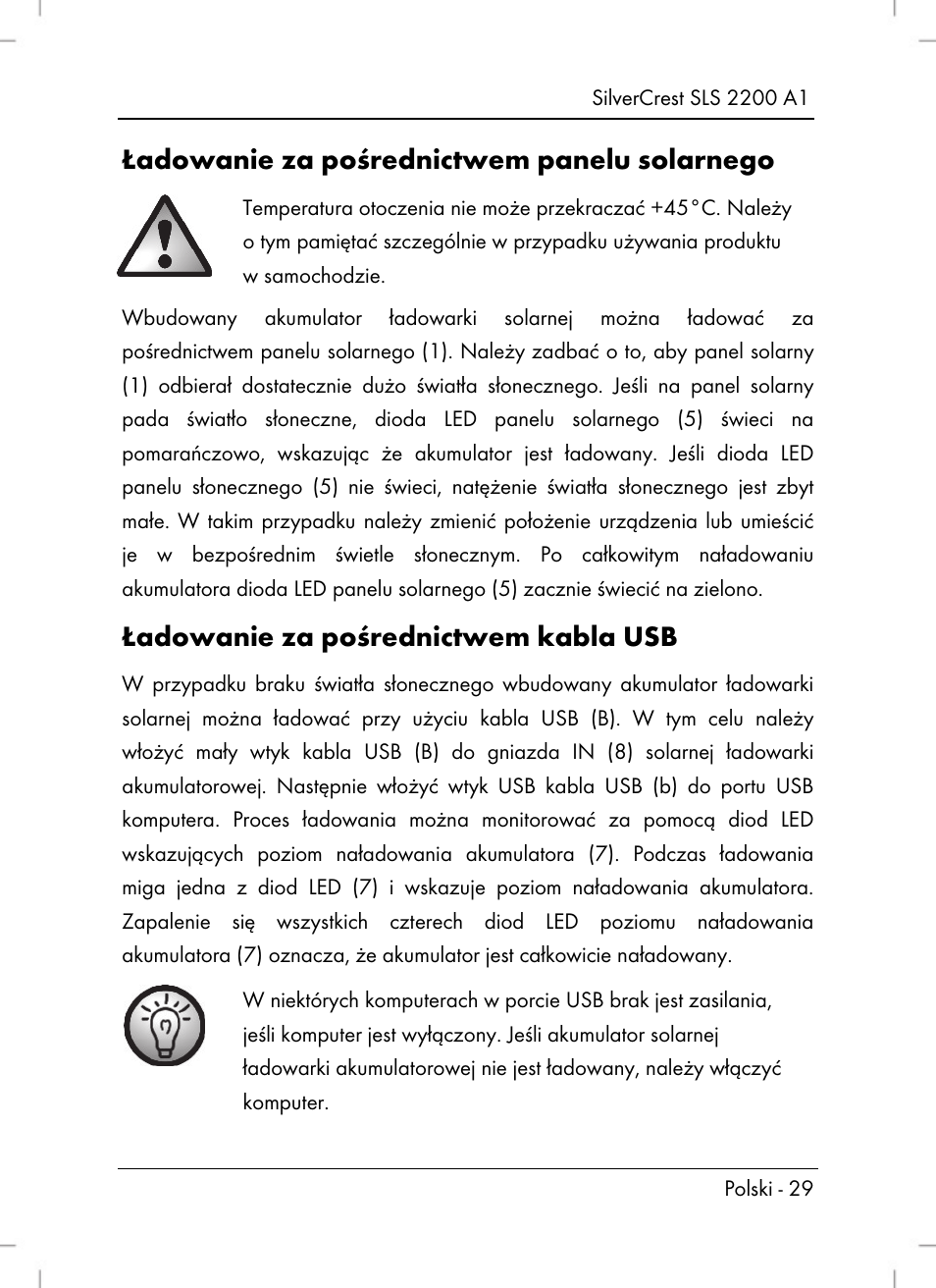 Ładowanie za pośrednictwem panelu solarnego, Ładowanie za pośrednictwem kabla usb | Silvercrest SLS 2200 A1 User Manual | Page 31 / 120