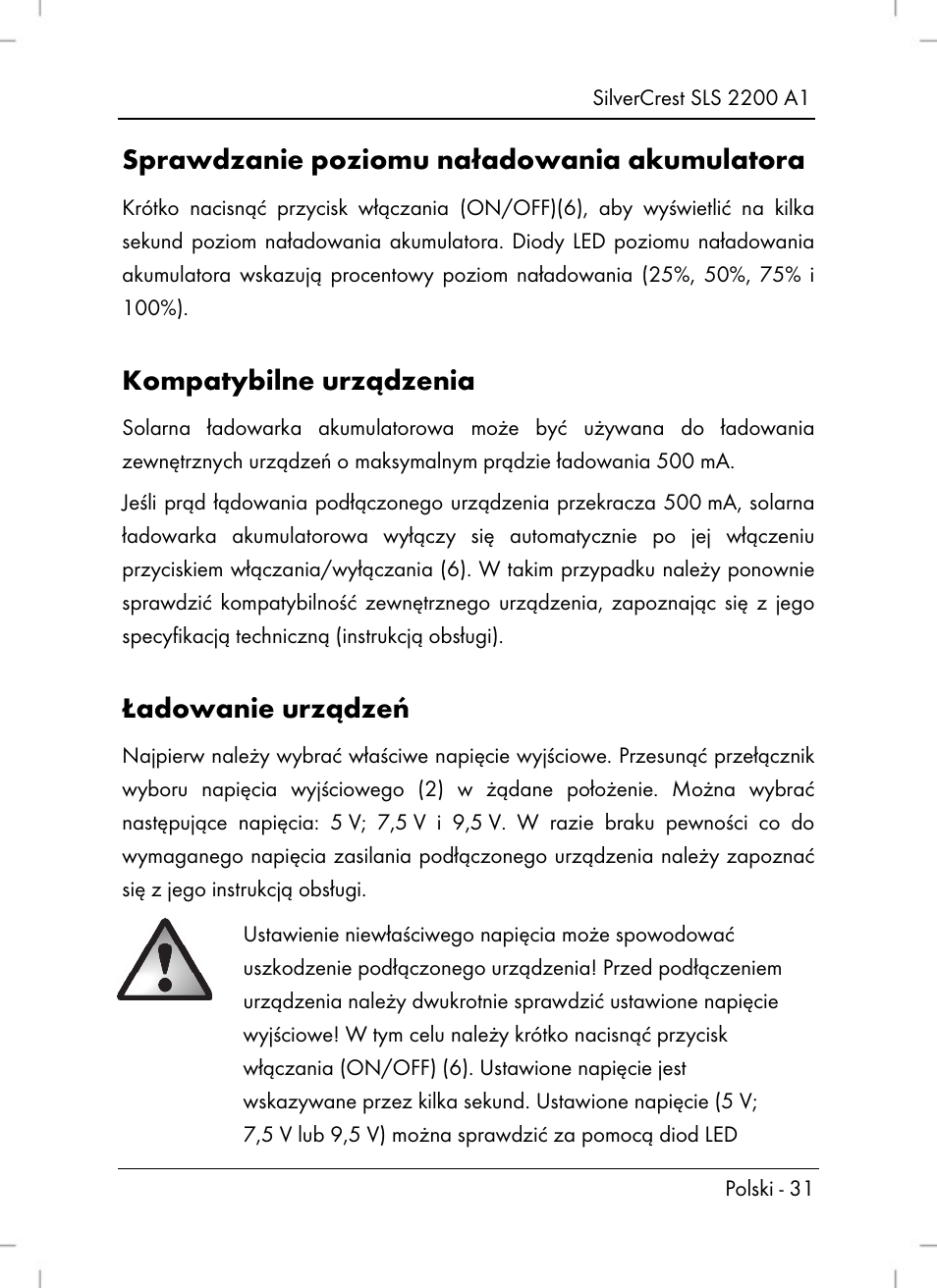 Sprawdzanie poziomu naładowania akumulatora, Kompatybilne urządzenia, Ładowanie urządzeń | Silvercrest SLS 2200 A1 User Manual | Page 33 / 120