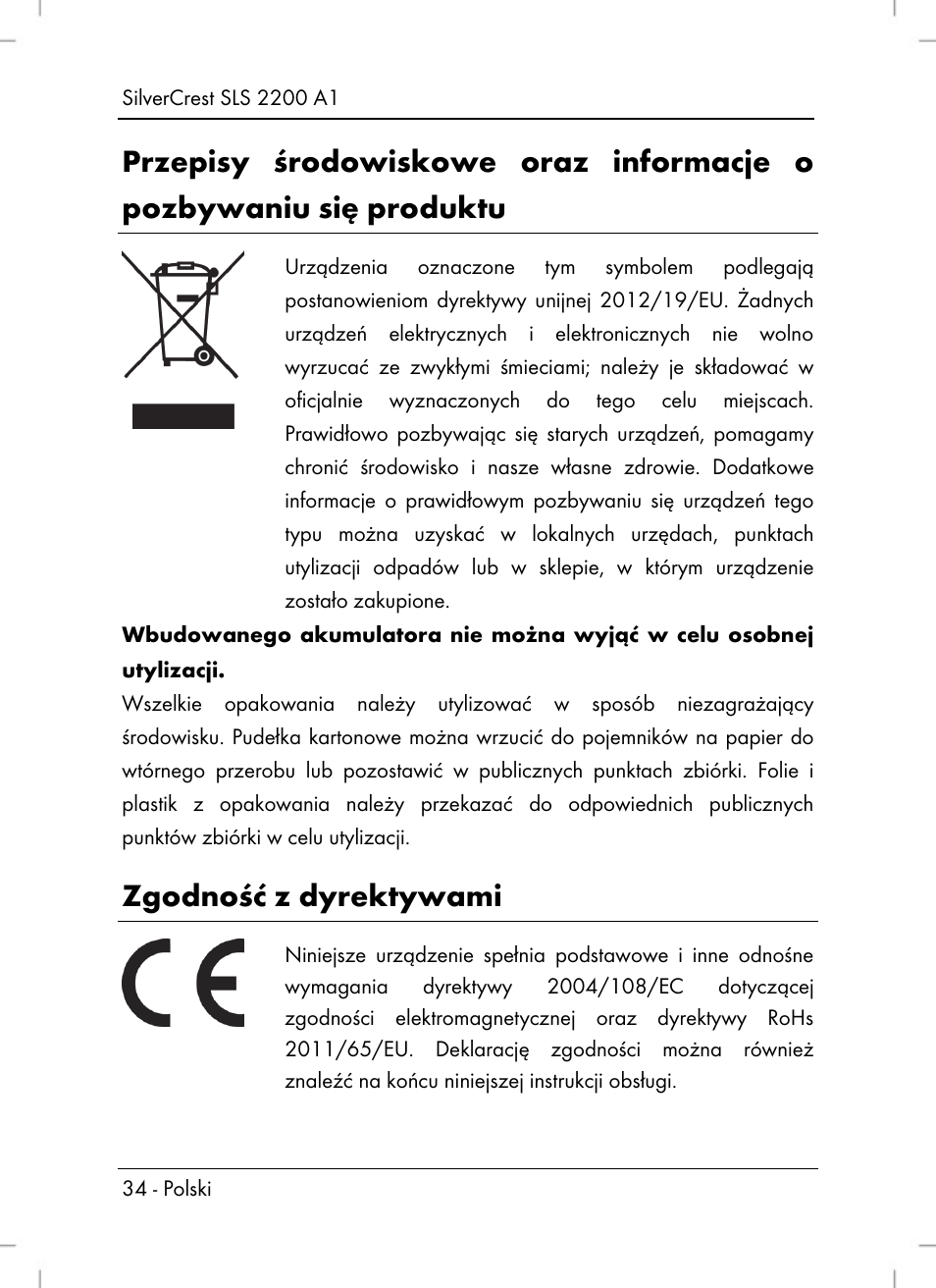 Zgodność z dyrektywami | Silvercrest SLS 2200 A1 User Manual | Page 36 / 120