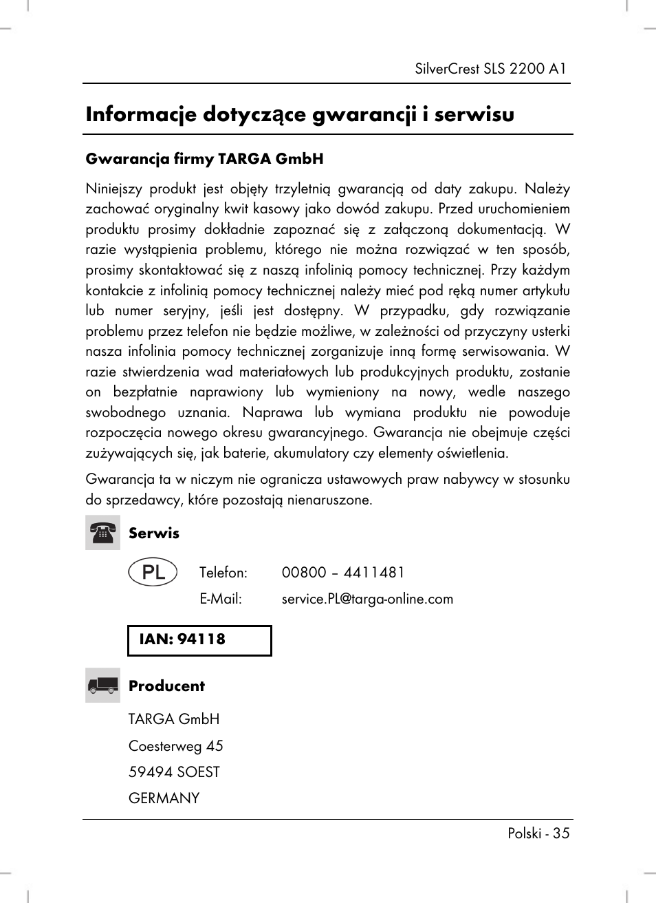 Informacje dotyczące gwarancji i serwisu | Silvercrest SLS 2200 A1 User Manual | Page 37 / 120