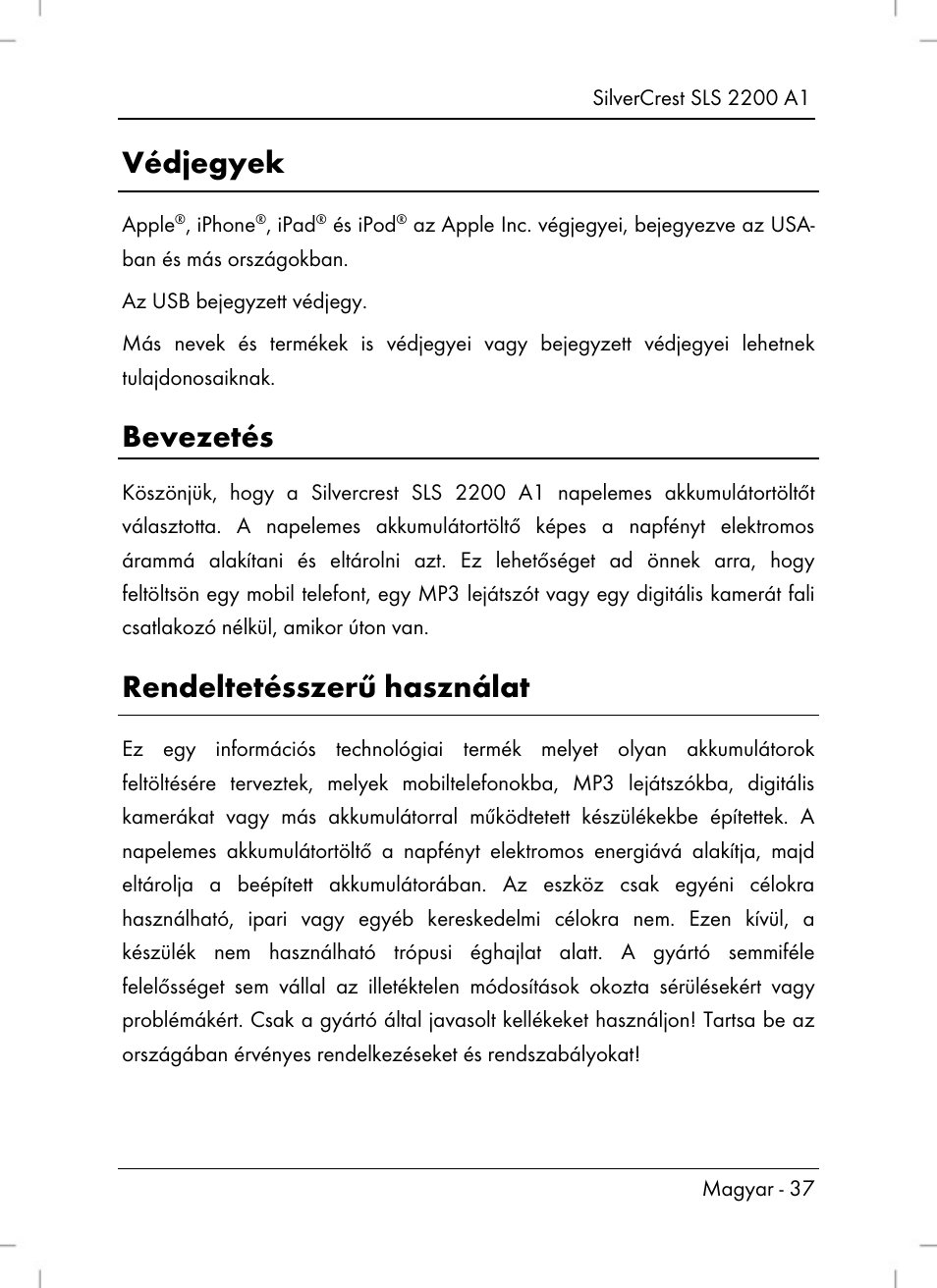 Védjegyek, Bevezetés, Rendeltetésszerű használat | Silvercrest SLS 2200 A1 User Manual | Page 39 / 120
