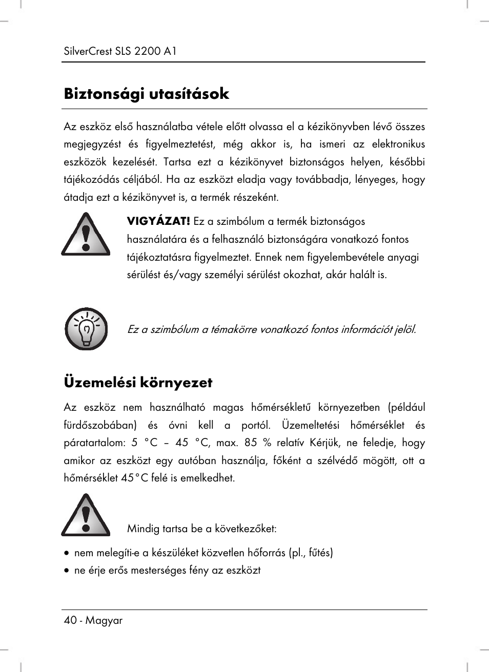 Biztonsági utasítások, Üzemelési környezet | Silvercrest SLS 2200 A1 User Manual | Page 42 / 120