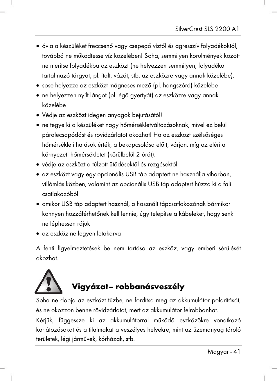 Vigyázat– robbanásveszély | Silvercrest SLS 2200 A1 User Manual | Page 43 / 120