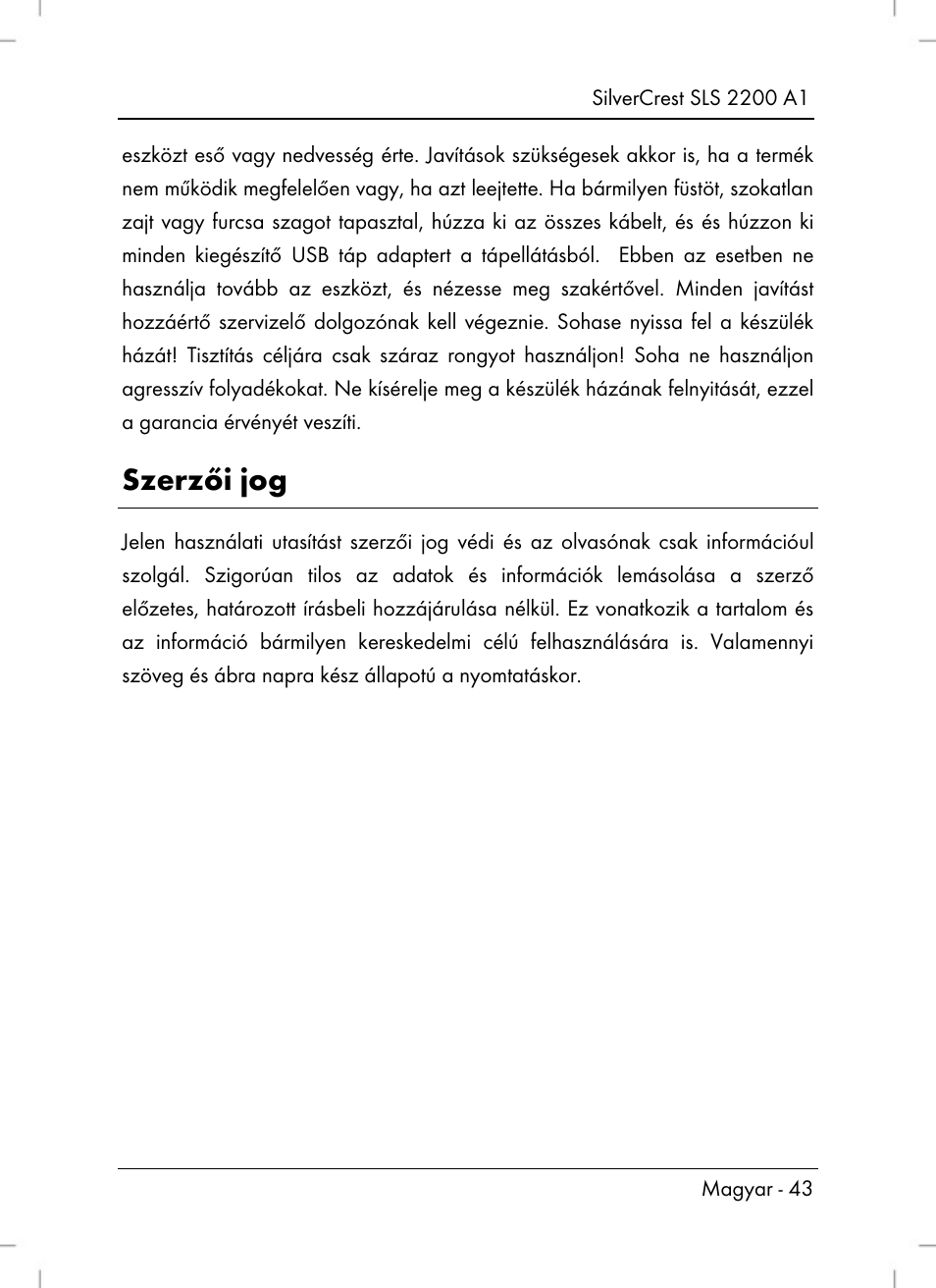 Szerzői jog | Silvercrest SLS 2200 A1 User Manual | Page 45 / 120