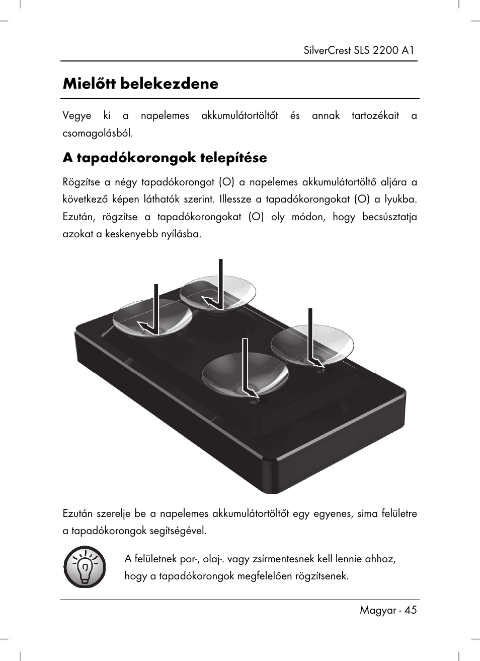 Mielőtt belekezdene, A tapadókorongok telepítése | Silvercrest SLS 2200 A1 User Manual | Page 47 / 120