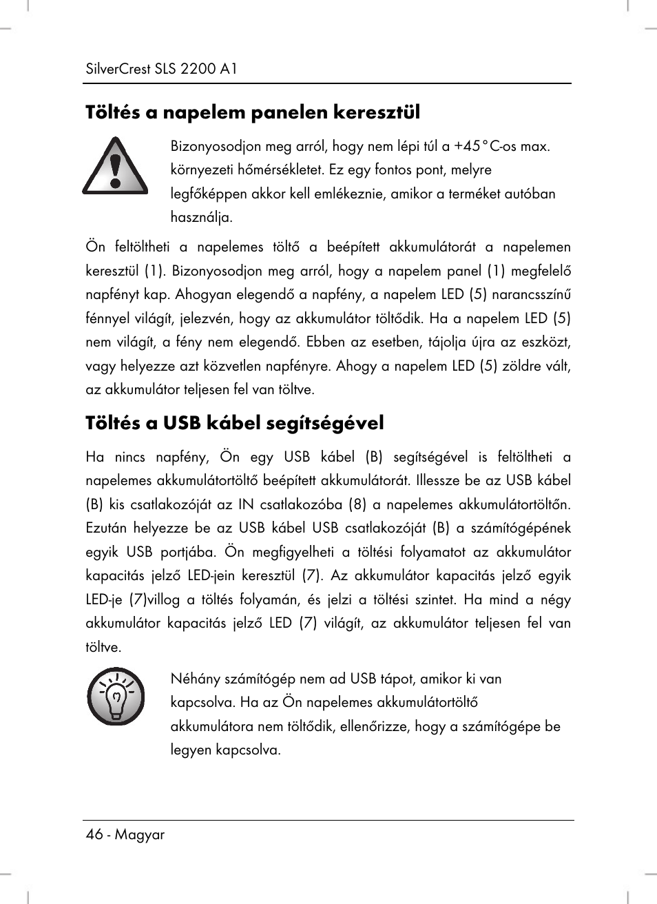 Töltés a napelem panelen keresztül, Töltés a usb kábel segítségével | Silvercrest SLS 2200 A1 User Manual | Page 48 / 120