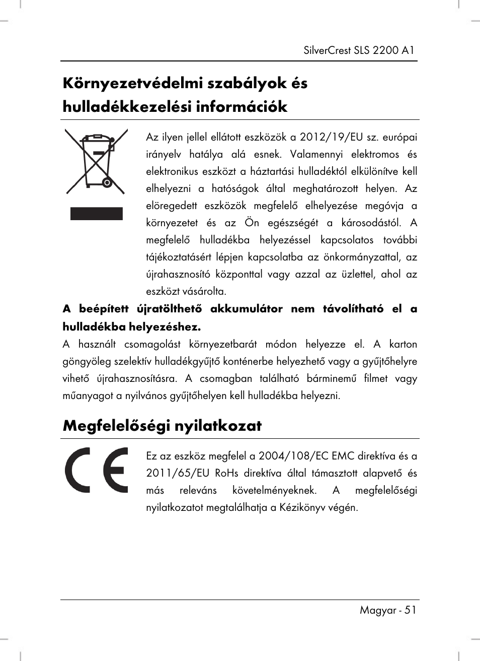 Megfelelőségi nyilatkozat | Silvercrest SLS 2200 A1 User Manual | Page 53 / 120